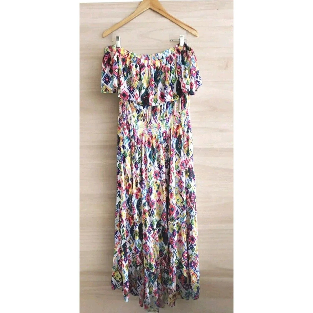 Terra & Sky Maxi Dress Women's 1X Multicolor Off  Shoulder Tiered Ruffles NWT